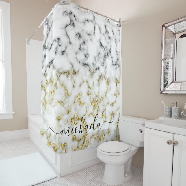 Black and white marble gold sparkle Custom name Shower Curtain (In Situ)