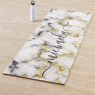 Black and white marble gold sparkle Custom name Yoga Mat