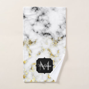 Black and white marble gold sparkle flake Monogram Bath Towel Set
