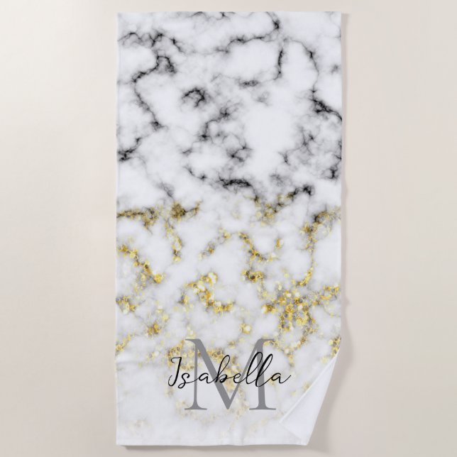 Black and white marble gold sparkle flake Monogram Beach Towel (Front)