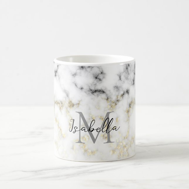 Black and white marble gold sparkle flake Monogram Coffee Mug (Center)