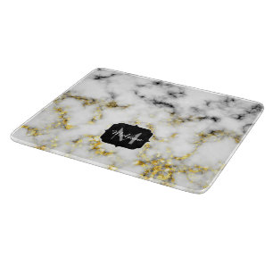 Black and white marble gold sparkle flake Monogram Cutting Board