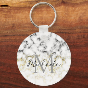 Black and white marble gold sparkle flake Monogram Key Ring