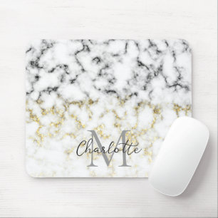 Black and white marble gold sparkle flake Monogram Mouse Pad