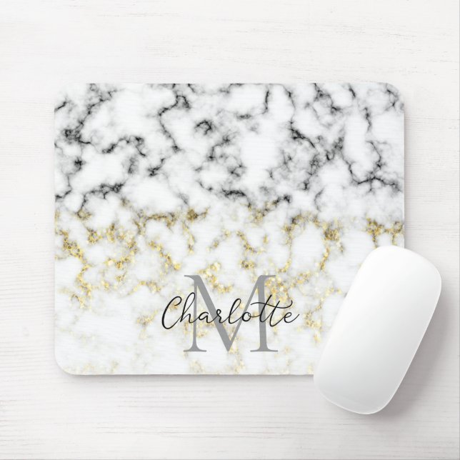 Black and white marble gold sparkle flake Monogram Mouse Pad (With Mouse)