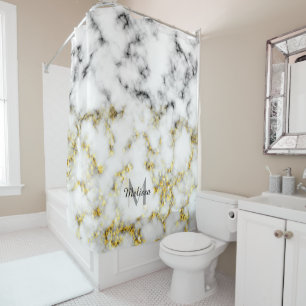 Black and white marble gold sparkle flake Monogram Shower Curtain