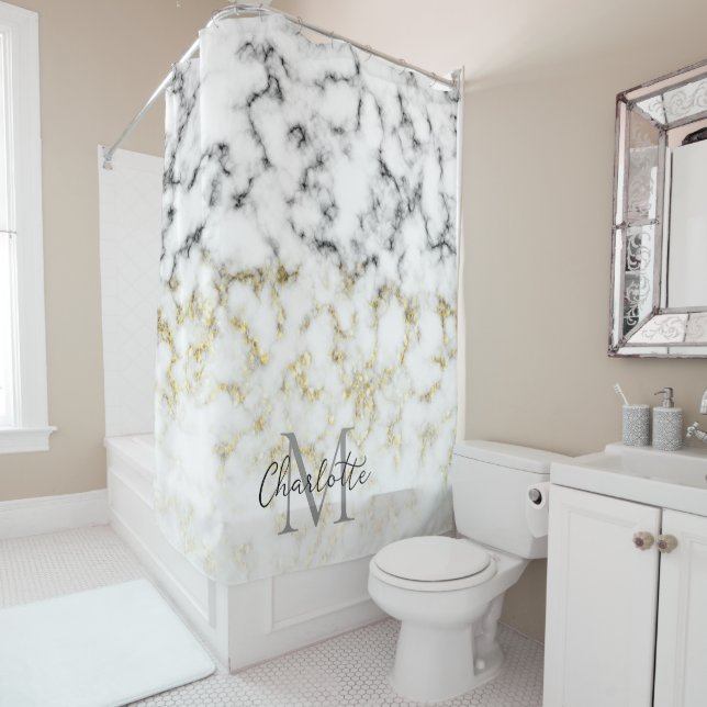 Black and white marble gold sparkle flake Monogram Shower Curtain (In Situ)