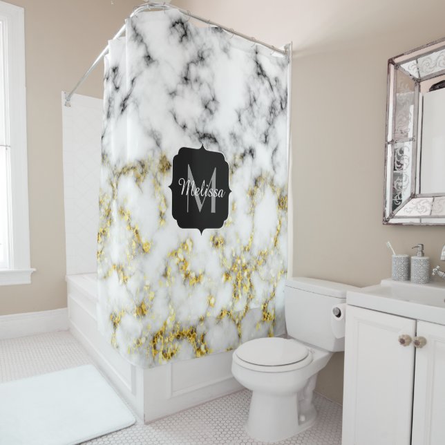 Black and white marble gold sparkle flake Monogram Shower Curtain (In Situ)