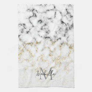 Black and white marble gold sparkle flake Monogram Tea Towel