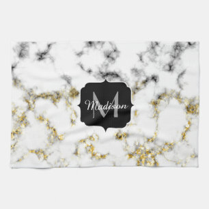 Black and white marble gold sparkle flake Monogram Tea Towel