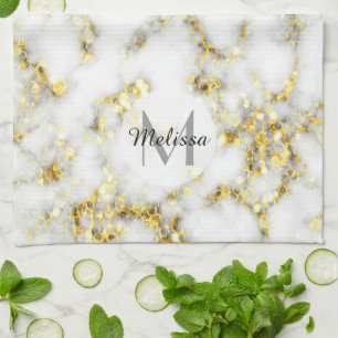 Black and white marble gold sparkle flake Monogram Tea Towel