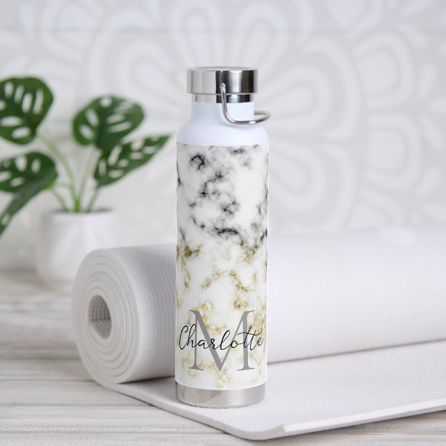 Black and white marble gold sparkle flake Monogram Water Bottle (Yoga)