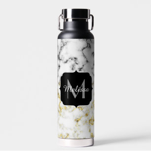 Black and white marble gold sparkle flake Monogram Water Bottle
