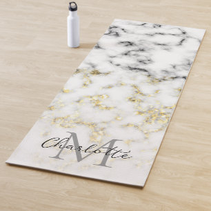 Black and white marble gold sparkle flake Monogram Yoga Mat