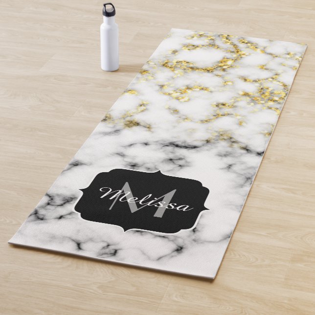 Black and white marble gold sparkle flake Monogram Yoga Mat (In Situ)