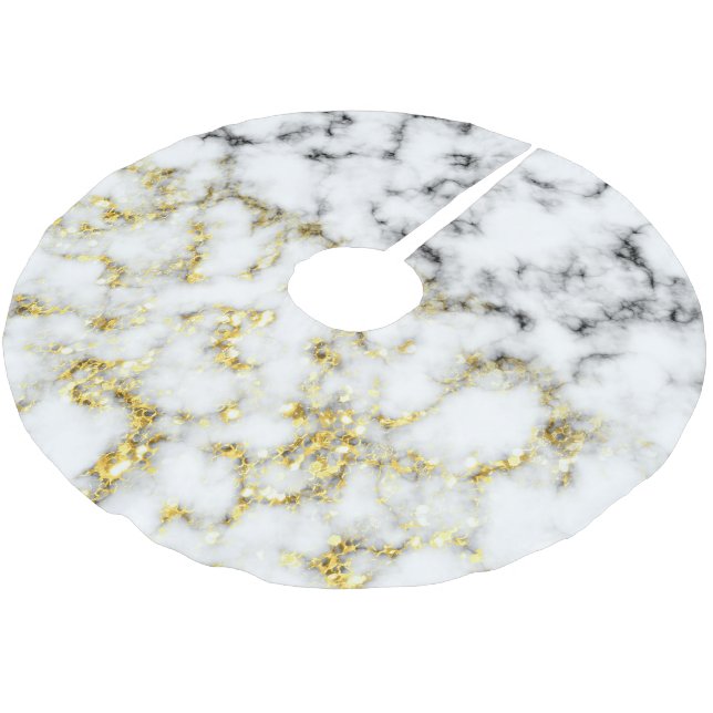 Black and white marble gold sparkle flakes brushed polyester tree skirt (Angled)