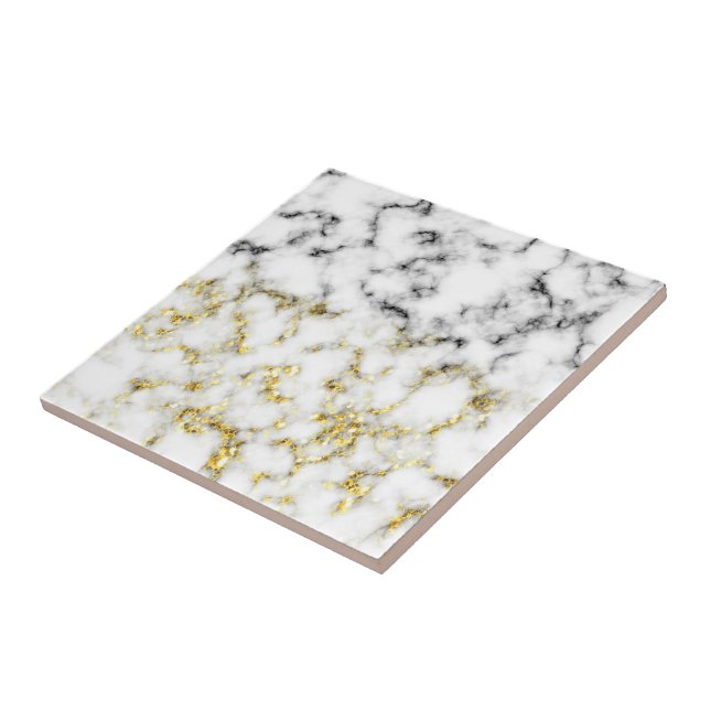 Black and white marble gold sparkle flakes ceramic tile (Side)