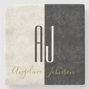Black and White Marble Initials Monogrammed Stone Coaster