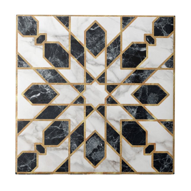Black and White Marble Moroccan Mosaic Ceramic Tile (Front)