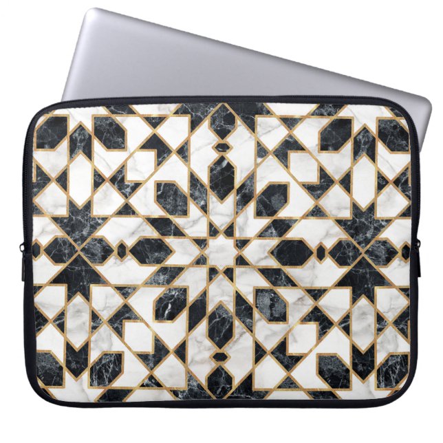 Black and White Marble Moroccan Mosaic Laptop Sleeve (Front)