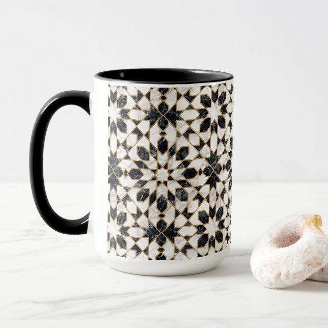 Black and White Marble Moroccan Mosaic  Mug (With Donut)