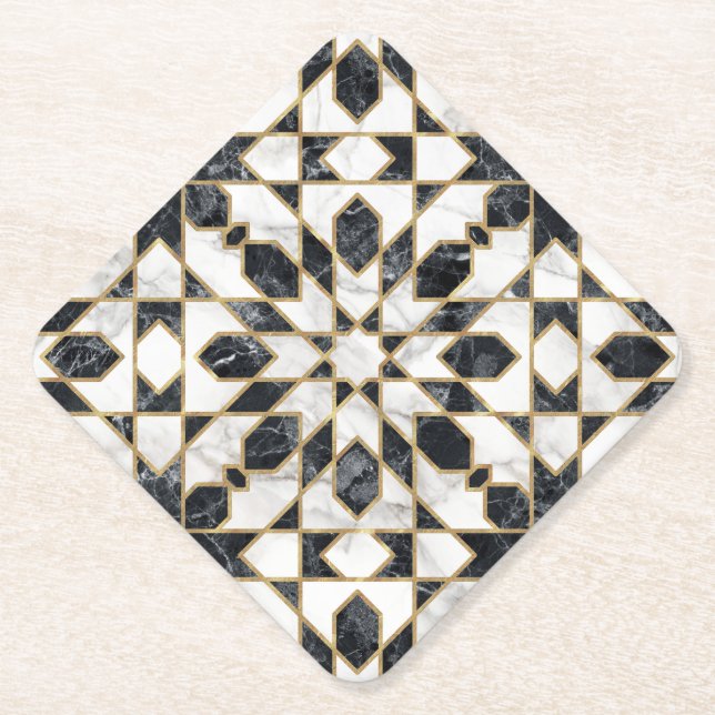 Black and White Marble Moroccan Mosaic  Paper Coaster (Front)