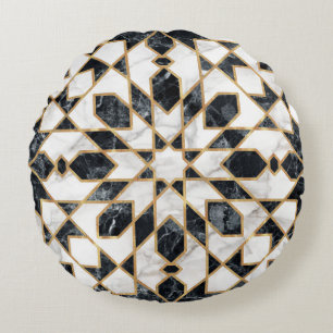 Black and White Marble Moroccan Mosaic Round Cushion