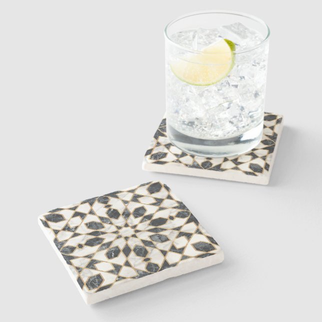 Black and White Marble Moroccan Mosaic Stone Coaster (Side)