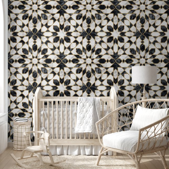Black and White Marble Moroccan Mosaic Wallpaper (Kids)
