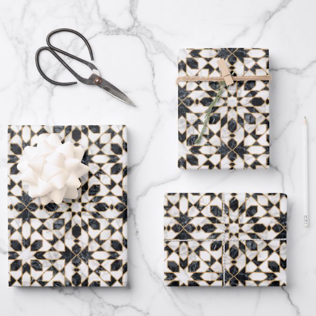 Black and White Marble Moroccan Mosaic Wrapping Paper Sheet (Front)