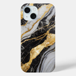 Black and White Marble Pattern with Gold iPhone 15 Case