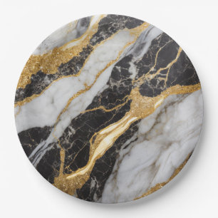 Black and White Marble Pattern with Gold Paper Plate