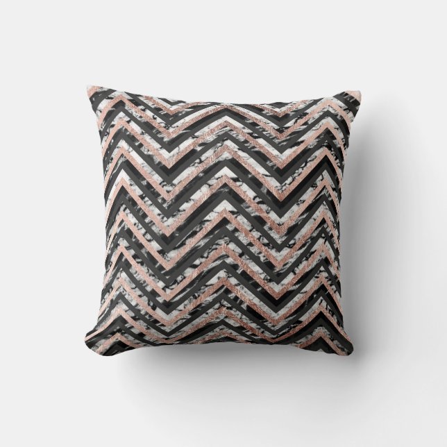 Black and White Marble Rose Gold Chevron Zigzag Cushion (Front)