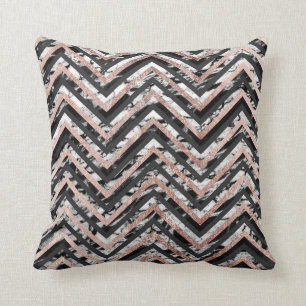 Black and White Marble Rose Gold Chevron Zigzag Cushion