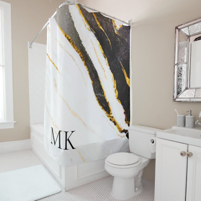 Black and White Marble Shower Curtain (In Situ)
