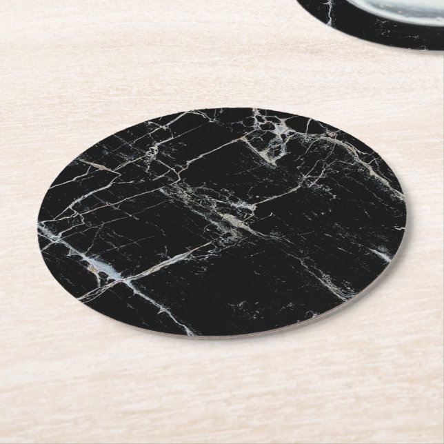 black and white marble stone round paper coaster (Angled)
