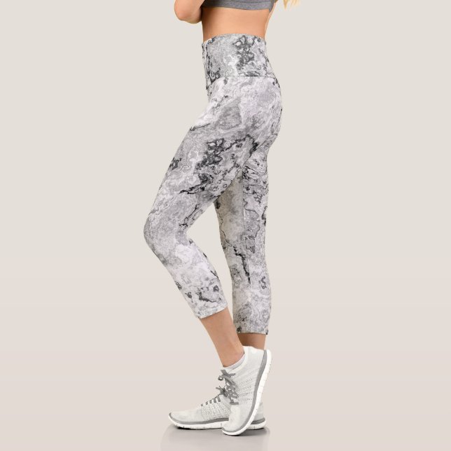 Black and White Marble Swirl Abstract Capri Leggings (Left)