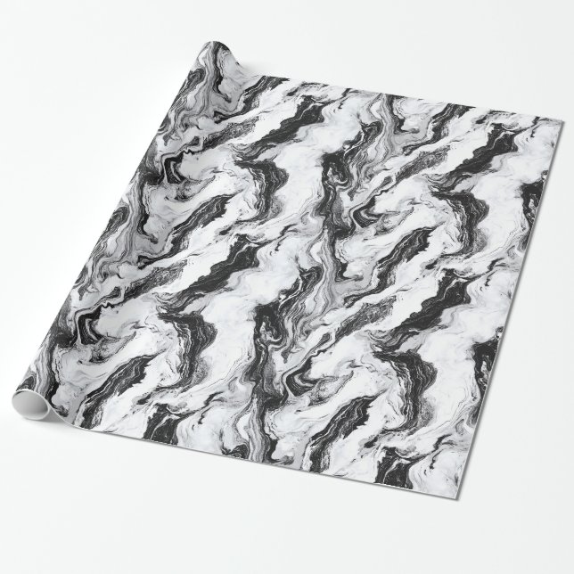 Black and White Marble Swirl Pattern Wrapping Paper (Unrolled)