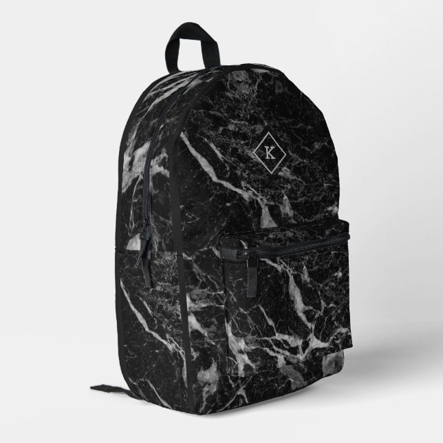 Black and white marble texture print | monogram printed backpack (Back Corner Left)