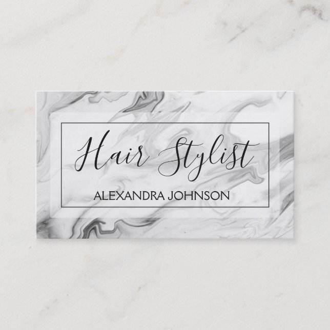 Black and White Marble Trendy Hair Stylist Business Card (Front)