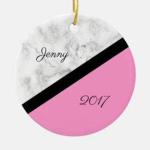 Black and White Marble w/Black Line and Pink Ceramic Ornament