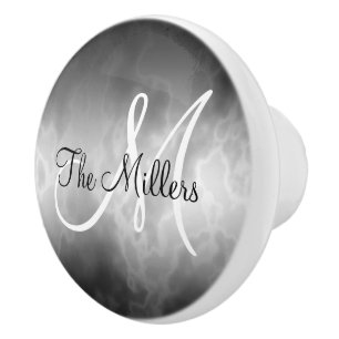 Black and White Marble with Name and Initial Ceramic Knob
