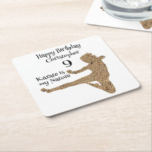 Black and White Martial Arts Karate Happy Birthday Square Paper Coaster