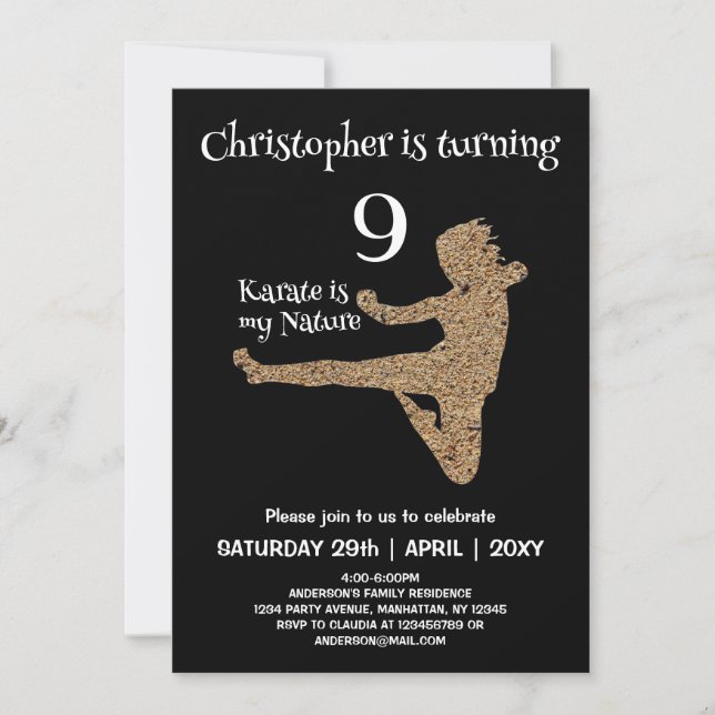 Black and White Martial Arts Karate Kids Birthday Invitation (Front)
