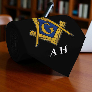 Black and White Masonic Freemason Monogram Tie