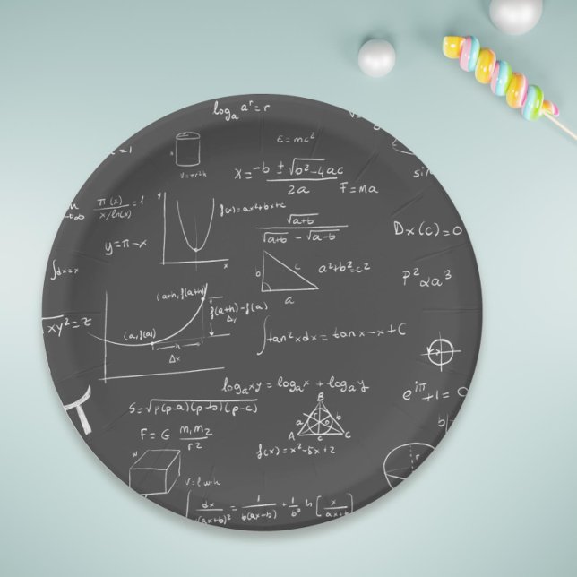 Black and White Math Equations and Graphics Paper Plate (Math formulas and equations paper plates for your math birthday or graduation party)