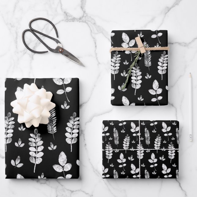 Black And White Meadow Ink Stamp Wrapping Paper Sheet (Front)