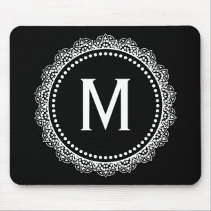 Black And White Medallion Custom Initial Mouse Pad