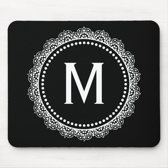 Black And White Medallion Custom Initial Mouse Pad (Front)