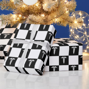Black and White Medical Symbol Caduceus Wrapping Paper